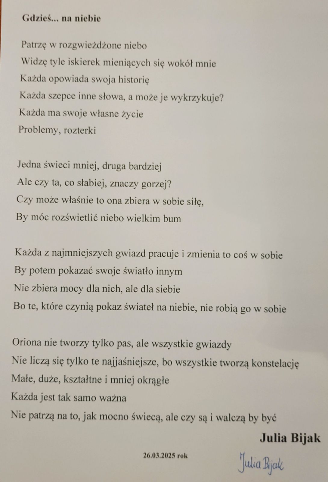 Julia Bijak otrzymała 3 miejsce w XII Festiwalu Meritum Wizji za wiersz „Gdzieś… na niebie”